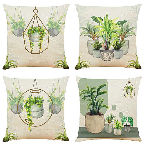 

4 pcs Faux Linen Pillow Cover, Floral&Plants Simple Classic Square Zipper Traditional Classic