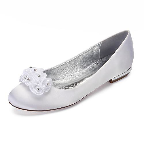 

Women's Wedding Shoes Flat Heel Round Toe Wedding Flats Classic Sweet Wedding Party & Evening Satin Rhinestone Flower Solid Colored White Ivory