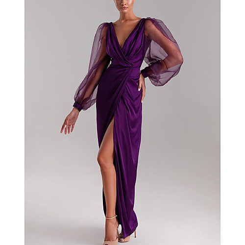 

Sheath / Column Minimalist Sexy Wedding Guest Formal Evening Dress V Neck Long Sleeve Floor Length Charmeuse with Pleats Split 2021