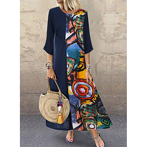 

Women's A Line Dress Maxi long Dress Yellow Red 3/4 Length Sleeve Print Patchwork Print Spring Summer Round Neck Casual Vintage Loose 2021 M L XL XXL 3XL 4XL 5XL