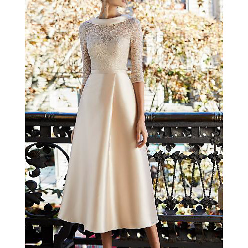 

Sheath / Column Mother of the Bride Dress Elegant Jewel Neck Knee Length Lace Satin Half Sleeve with Pleats Appliques 2021
