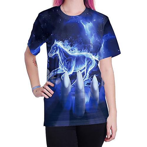 

Women's T shirt Graphic Animal Print Round Neck Tops Basic Punk & Gothic Basic Top Blue