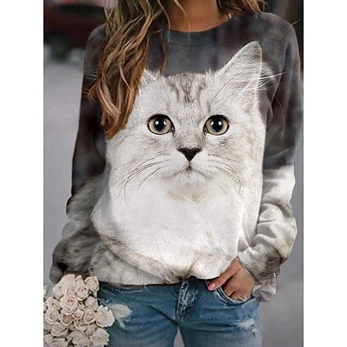 

Women's Pullover Sweatshirt Cat Graphic 3D Print Daily 3D Print Basic Casual Hoodies Sweatshirts Gray