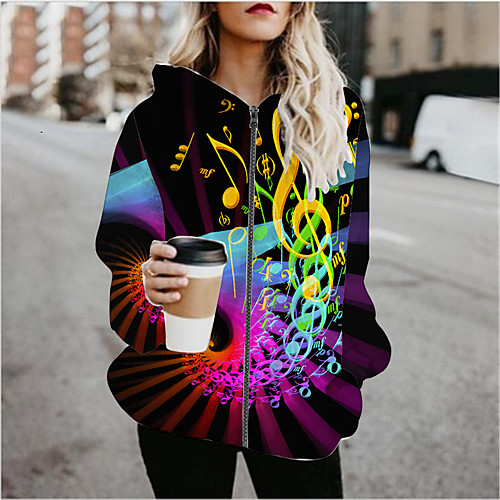 

Women's Hoodied Jacket Sports Spring & Fall Regular Coat Regular Fit Active Streetwear Jacket Long Sleeve Geometric Patchwork Black / Going out / Print