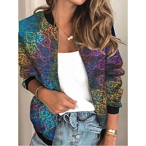 

Women's Jacket Sports Spring & Fall Regular Coat Regular Fit Streetwear Jacket Long Sleeve Geometric Patchwork Blue / Going out / Print