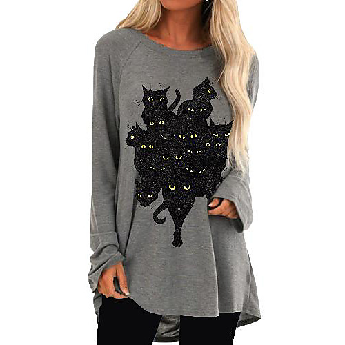

Women's Shift Dress Short Mini Dress Gray Khaki Long Sleeve Print Print Fall Spring Round Neck Casual Loose 2021 M L XL XXL 3XL