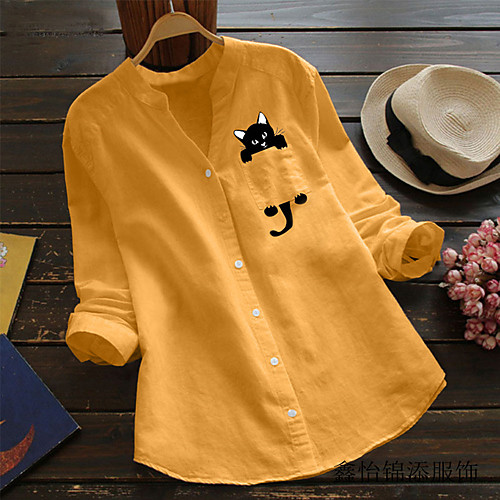 

Women's Blouse Shirt Animal Long Sleeve Patchwork Print Standing Collar Basic Tops Cotton White Blue Yellow
