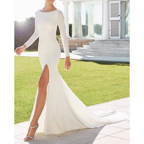

Sheath / Column Wedding Dresses Jewel Neck Court Train Italy Satin Long Sleeve Country Simple with Split Front 2021