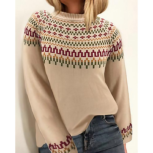 

Women's Geometric Pullover Spandex Long Sleeve Sweater Cardigans Turtleneck Winter Khaki Gray