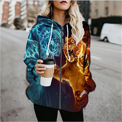 

Women's Hoodied Jacket Sports Fall & Winter Regular Coat Loose Jacket Long Sleeve Print Print Rainbow