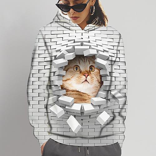 

Women's Plus Size Tops Pullover Hoodie Sweatshirt Cat Graphic Animal 3D Print Print Long Sleeve Active Daily Fall Winter Gray Big Size L XL XXL 3XL