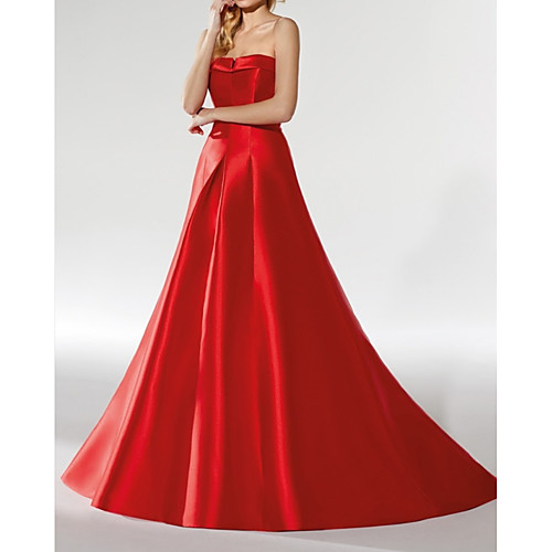 

A-Line Minimalist Sexy Wedding Guest Formal Evening Dress Strapless Sleeveless Court Train Satin with Sleek 2021