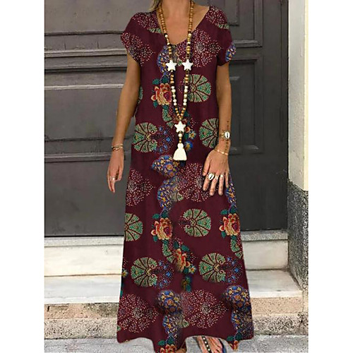

Women's A Line Dress Midi Dress Yellow Dusty Blue Red Short Sleeve Print Summer V Neck Casual Loose 2021 L XL XXL 3XL 4XL 5XL / Plus Size / Plus Size