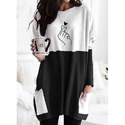 

Women's T shirt Dress Tunic Heart Graphic Prints Long Sleeve Pocket Patchwork Print Round Neck Tops Basic Basic Top White