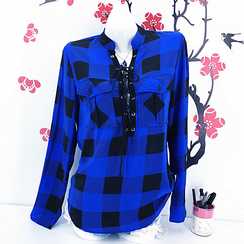 

Women's Blouse Shirt Plaid Long Sleeve Patchwork Standing Collar Basic Tops Cotton Blue Red Green