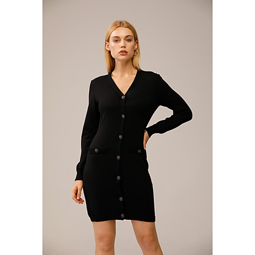 

Women's Knitted Front Pocket Button Solid Color Cardigan Acrylic Fibers Long Sleeve Sweater Cardigans V Neck Fall Winter Black