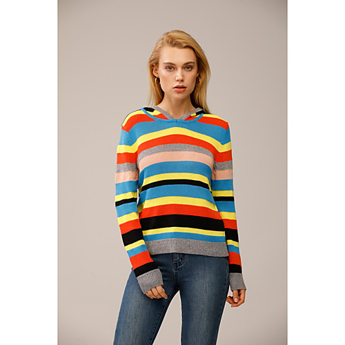 

Women's Stripe Knitted Hooded Striped Color Block Pullover Long Sleeve Sweater Cardigans Hooded Fall Winter Orange