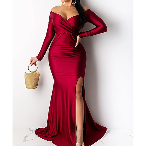 

Women's Sheath Dress Maxi long Dress Wine Long Sleeve Solid Color Split Patchwork Fall Winter V Neck Elegant Sexy Party Slim 2021 S M L XL