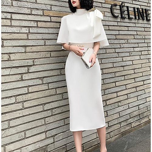 

Sheath / Column Minimalist Elegant Party Wear Cocktail Party Dress High Neck Half Sleeve Tea Length Spandex with Bow(s) 2021
