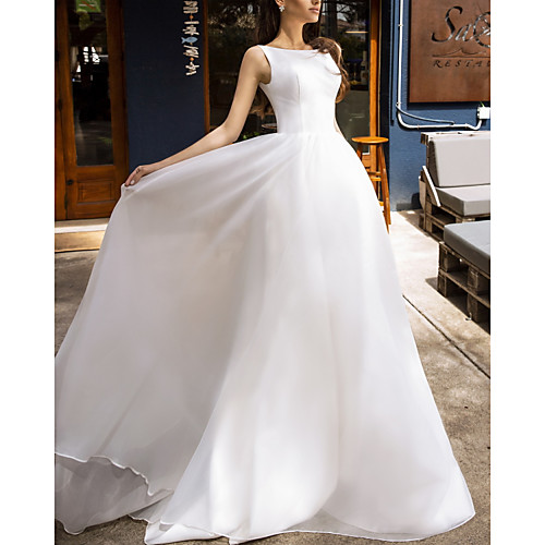 

A-Line Wedding Dresses Jewel Neck Sweep / Brush Train Chiffon Satin Sleeveless Simple with 2021