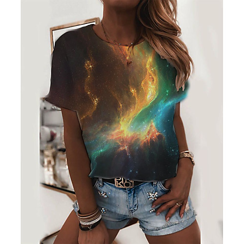 

Women's T shirt 3D Print Round Neck Basic Tops Rainbow