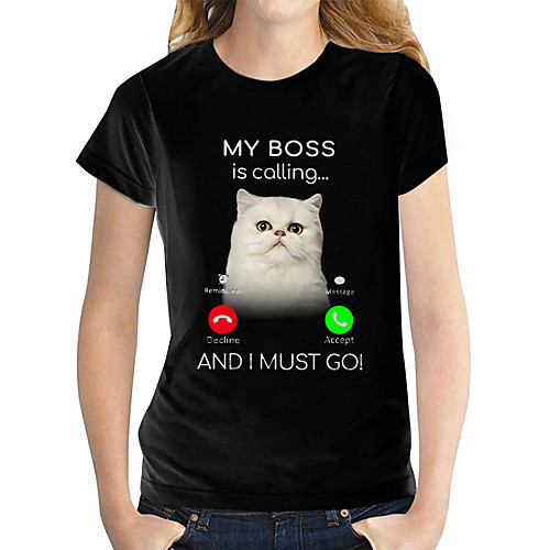 

Women's T shirt Cat 3D Graphic Prints Print Round Neck Tops 100% Cotton Basic Basic Top Black