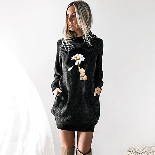

Women's T shirt Dress Floral Graphic Prints Animal Long Sleeve Cowl Neck Tops Black Wine Camel