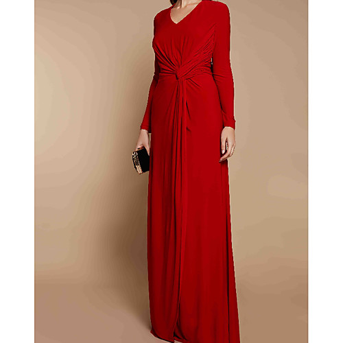 

Sheath / Column Mother of the Bride Dress Elegant V Neck Floor Length Chiffon Long Sleeve with Pleats Ruching 2021