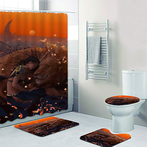 

Lions And Princesses Digital Printing Four-piece Set Shower Curtains And Hooks Modern Polyester Machine Made Waterproof Bathroom
