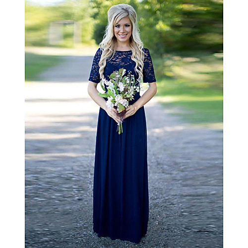

A-Line Jewel Neck Floor Length Chiffon / Lace Bridesmaid Dress with Sash / Ribbon
