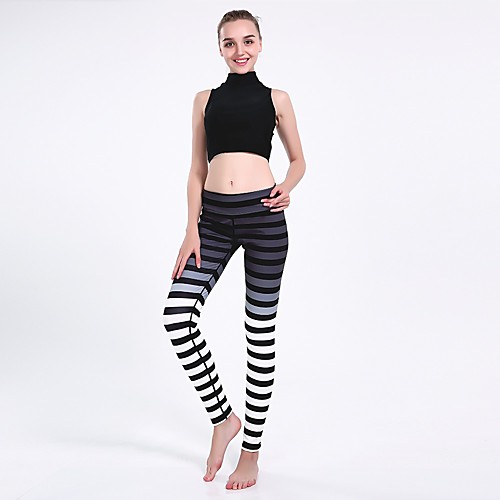 

Women's Casual Yoga Comfort Daily Gym Leggings Pants Striped Print Patterned Ankle-Length Patchwork Print Black