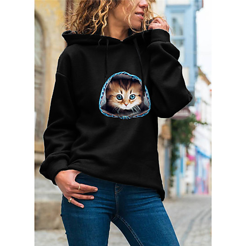 

Women's Hoodie Pullover Cat Graphic 3D Daily Basic Casual Hoodies Sweatshirts Gray White Black