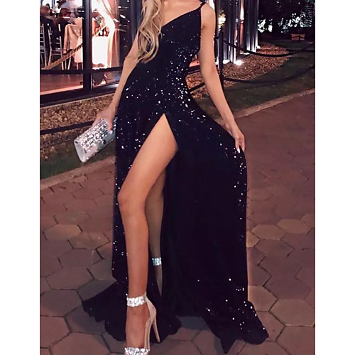 

Sheath / Column Glittering Sexy Prom Formal Evening Dress V Neck Sleeveless Sweep / Brush Train Sequined with Sequin Split 2021