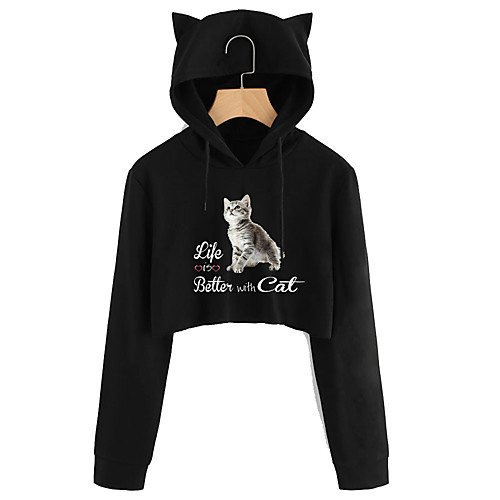 

Women's Cropped Hoddie Cat Graphic 3D Crop Top Cat Ear Daily Basic Casual Hoodies Sweatshirts Wine Army Green Black
