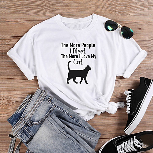 

Women's T shirt Cat Text Graphic Prints Print Round Neck Tops 100% Cotton Basic Basic Top White