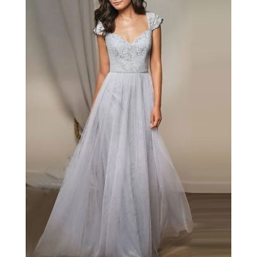 

A-Line Plunging Neck Floor Length Lace / Tulle Bridesmaid Dress with Pleats / Open Back