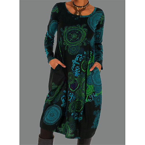 

Women's T Shirt Dress Tee Dress Knee Length Dress Blue Purple Long Sleeve Color Block Print Fall Winter Round Neck Casual Loose 2021 S M L XL XXL
