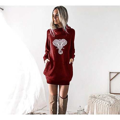 

Women's T shirt Dress Graphic Prints Elephant Animal Long Sleeve Cowl Neck Tops Black Wine Camel