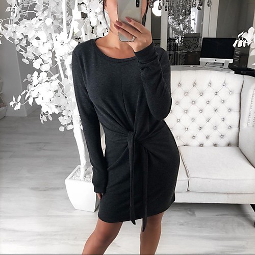 

Women's Sheath Dress Knee Length Dress Wine Gray Black Long Sleeve Solid Color Lace up Patchwork Fall Spring Round Neck Casual Slim 2021 S M L XL