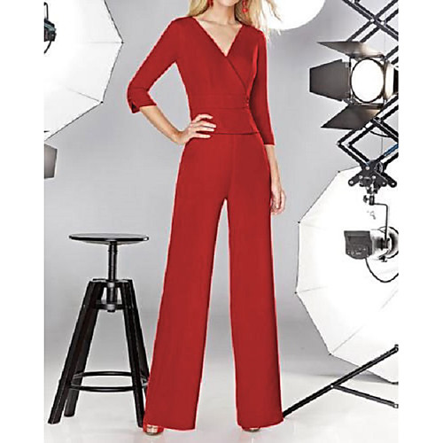 

Pantsuit / Jumpsuit Mother of the Bride Dress Elegant V Neck Floor Length Stretch Satin Half Sleeve with Pleats 2021