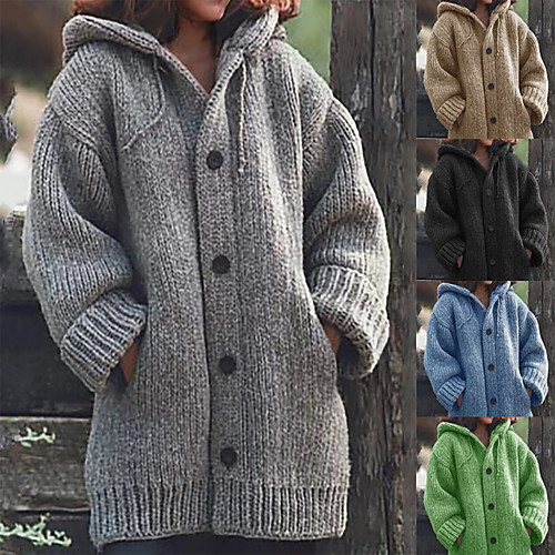 

women's winter warm sweater coat plus size button hoodie knitting outwear jackets overcoat