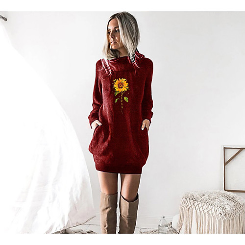 

Women's T shirt Dress Floral Graphic Prints Long Sleeve Cowl Neck Tops Black Wine Camel