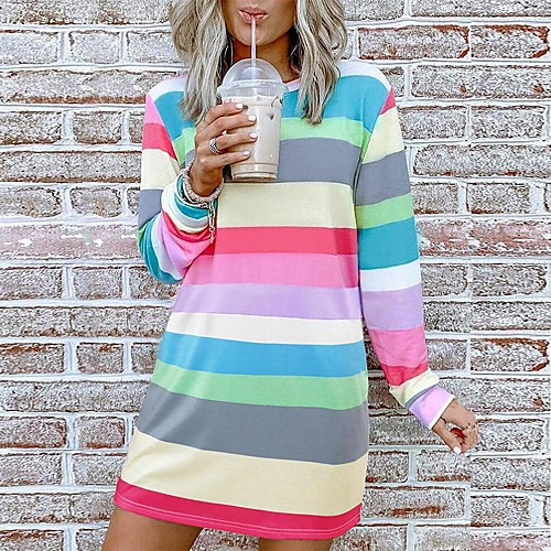 

Women's Sheath Dress Knee Length Dress Blue Green Long Sleeve Color Block Print Fall Winter Round Neck Casual Loose 2021 S M L XL