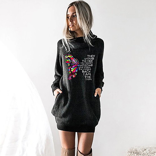

Women's T shirt Dress Butterfly Graphic Prints Long Sleeve Cowl Neck Tops Black Wine Camel