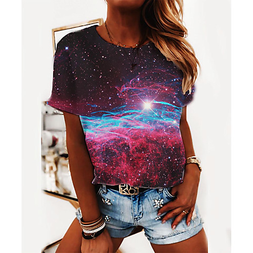 

Women's T shirt 3D Print Round Neck Basic Tops Rainbow