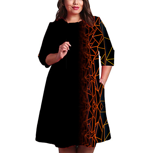 

Women's Shift Dress Knee Length Dress Black 3/4 Length Sleeve Geometric Print Spring Summer Round Neck Casual Going out Loose 2021 XXL 3XL 4XL 5XL 6XL / Plus Size