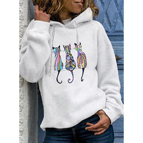 

Women's Hoodie Pullover Cartoon Cat Graphic Daily Basic Casual Hoodies Sweatshirts Gray White Black