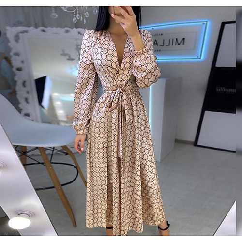 

Women's Swing Dress Maxi long Dress Beige Long Sleeve Striped Lace up Print Fall V Neck Elegant Party Loose 2021 S M L XL