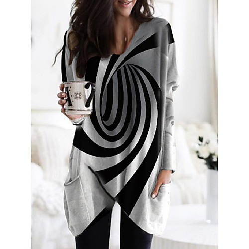 

Women's Shift Dress Knee Length Dress Black Long Sleeve Striped Color Block Pocket Patchwork Print Fall Spring V Neck Casual Slim 2021 M L XL XXL 3XL