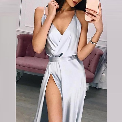 

Women's Strap Dress Maxi long Dress Blue Purple Wine Khaki Silver Green Red Sleeveless Solid Color Split Patchwork Summer V Neck Elegant Sexy Party 2021 S M L XL XXL / Silk